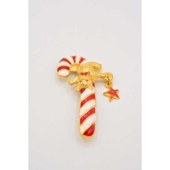Vintage Christmas Candy Cane Pin Brooch Red White Enamel Gold Teddy Bear Bin7 - Picture 4 of 12